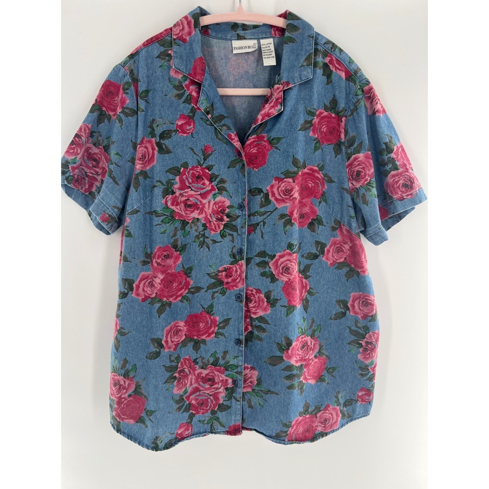 Vintage Fashion Bug Pink Rose Floral Denim Shirt Womens Cottagecore Camp XL